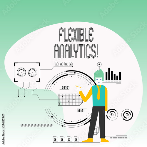 Text sign showing Flexible Analytics. Business photo text changing marketplace focused on valuebased care Man Standing Holding Pen Pointing to Chart Diagram with SEO Process Icons photo