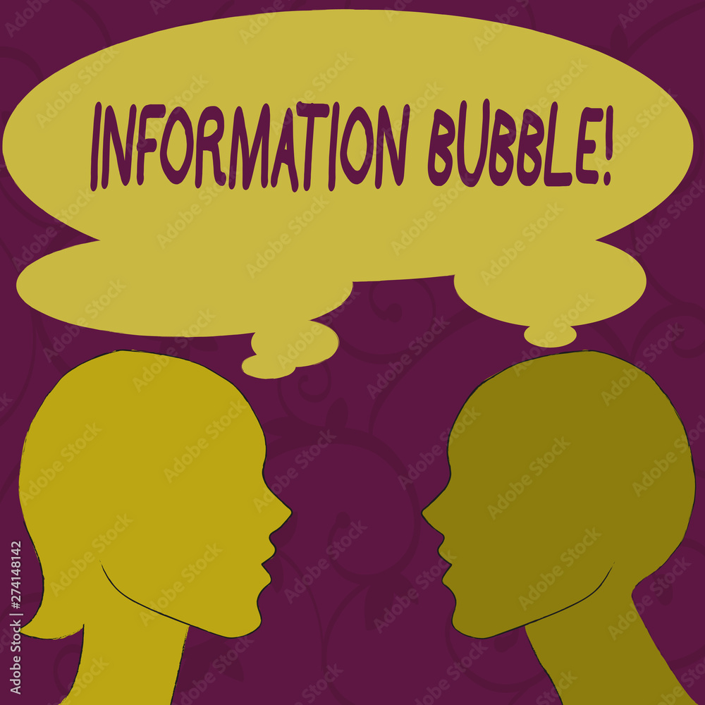 Text sign showing Information Bubble. Business photo showcasing phenomenon that limits an individual s is exposure Silhouette Sideview Profile Image of Man and Woman with Shared Thought Bubble