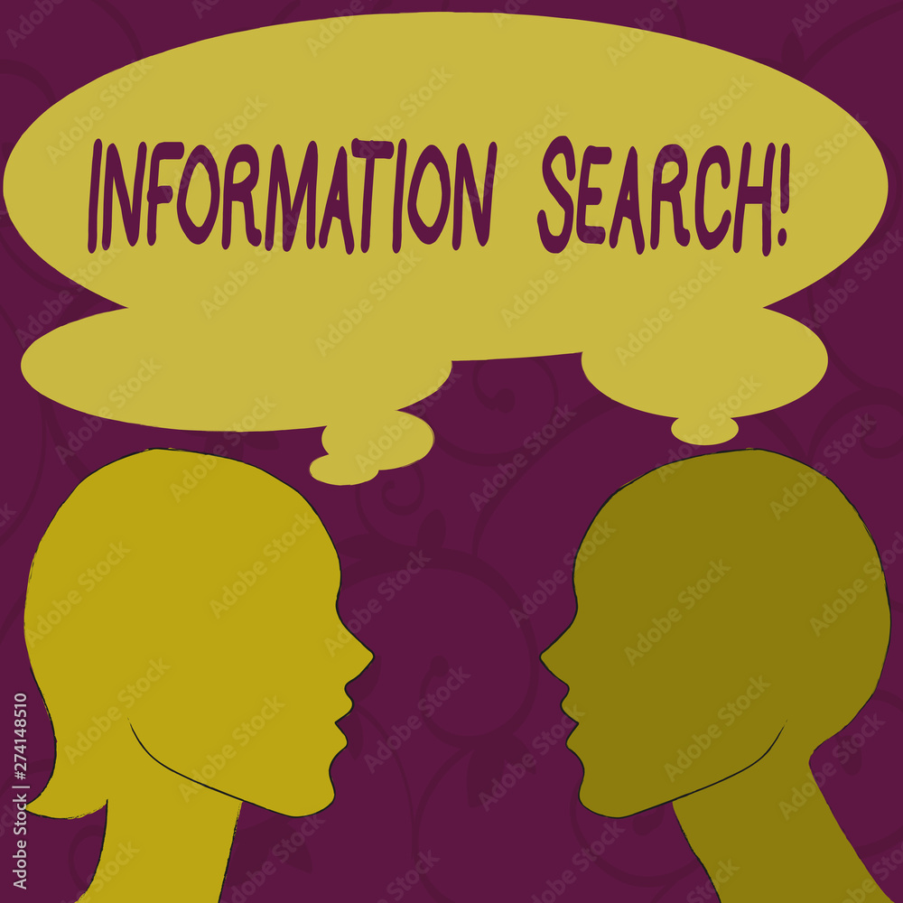 Text sign showing Information Search. Business photo showcasing options available to the consumer are identified Silhouette Sideview Profile Image of Man and Woman with Shared Thought Bubble