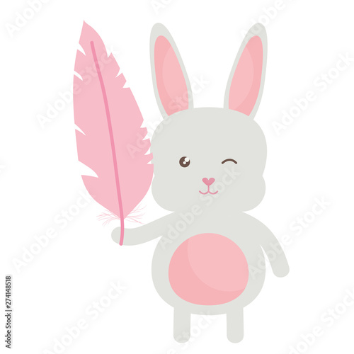 cute little rabbit lifting feather character