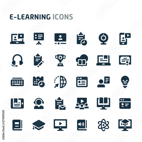 E-learning Vector Icon Set. Fillio Black Icon Series.