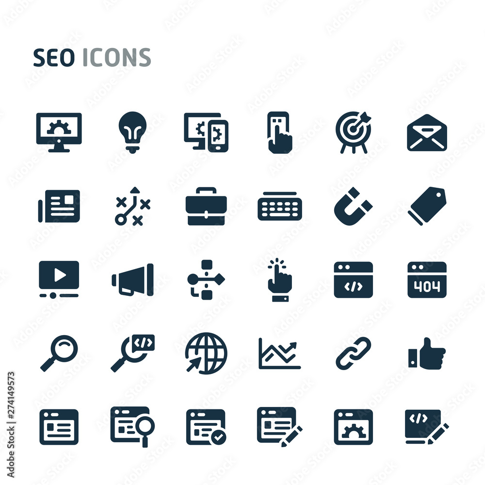 Search Engine Optimization Vector Icon Set. Fillio Black Icon Series.