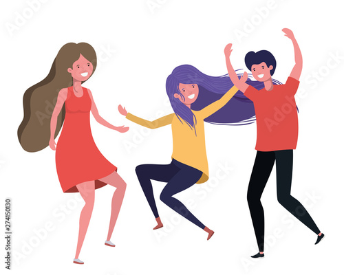 group of people dancing in white background