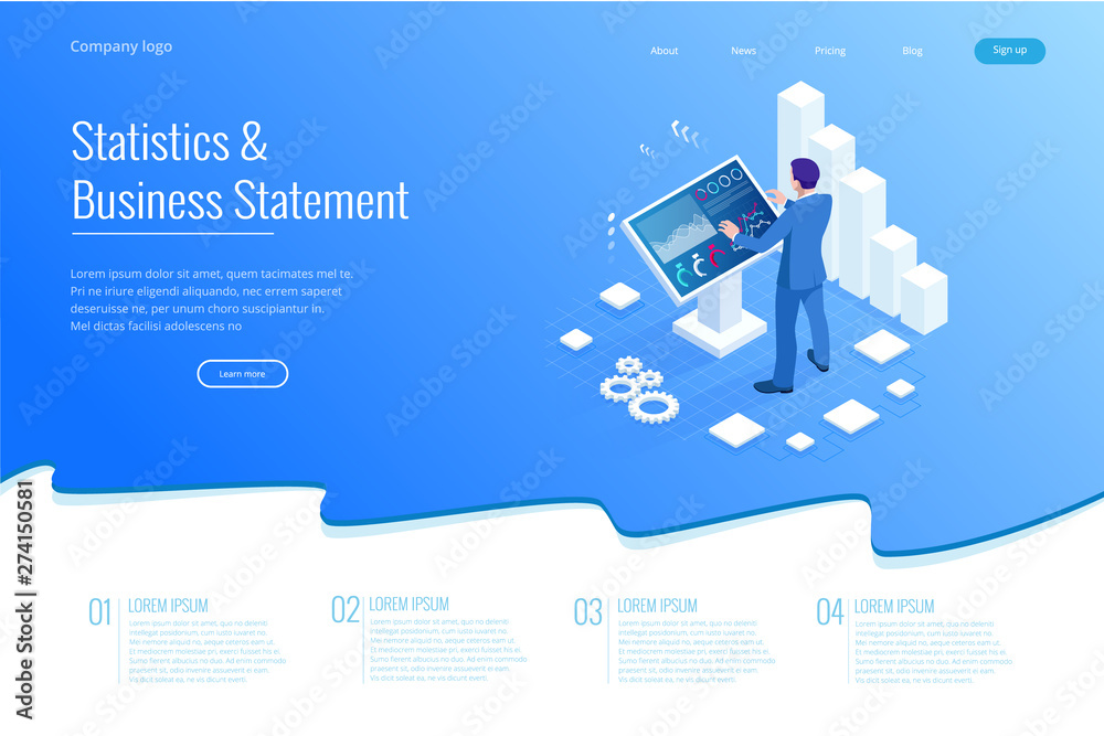 Isometric male in front of the big screen for data analysis. Statistics and business statement, Analytics dashboard, business analysis concept Isometric male in front of the big screen for data analysis. Statistics and business statement, Analytics dashboard, business analysis concept