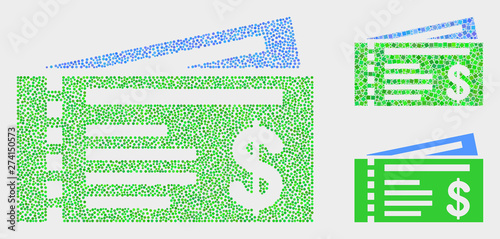 Pixel and mosaic dollar cheques icons. Vector icon of dollar cheques designed of irregular round dots. Other pictogram is designed from rectangle elements.
