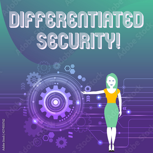Word writing text Differentiated Security. Business photo showcasing deploys different policies according to identity Woman Standing and Presenting the SEO Process with Cog Wheel Gear inside