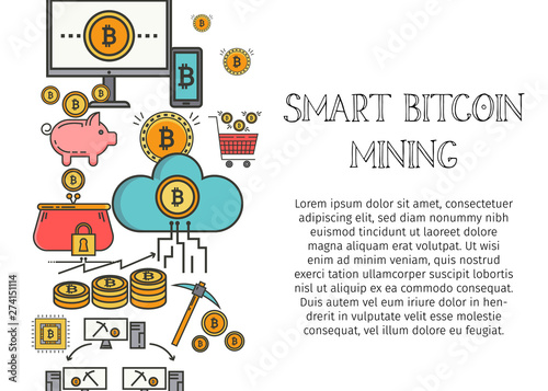 Bitcoin Blockchain Concept for web page, banner, presentation, social media. Vector illustration making investments for bitcoin and blockchain. Mining farm, cryptocurrency, server, exchange.