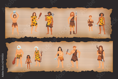 Stone age primitive people tribes in stone caves near fire place. Barbarian Caveman ancient women in fur wears with baby, tools and weapons. Vector illustration.