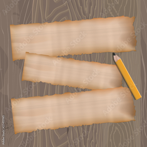 Three blank old note papers, ready for your message with pencil on wooden background. Emty paper with torn edges. Vector illustration.