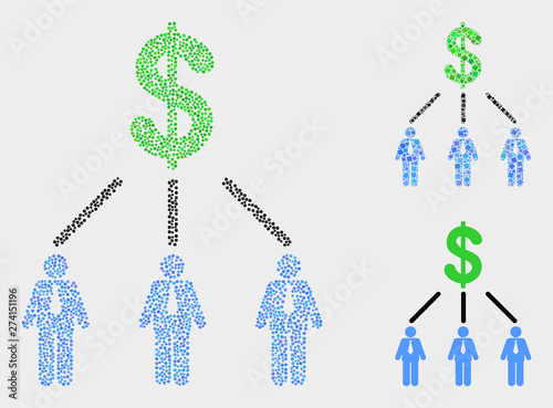 Pixel and mosaic dollar managers links icons. Vector icon of dollar managers links created of randomized round pixels. Other pictogram is combined from square pixels.