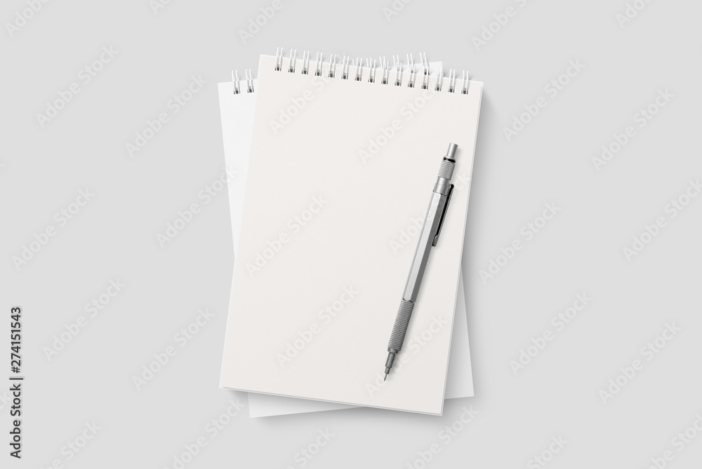 Blank realistic spiral bound notepad mockup on light grey background. High resolution. Blank realistic spiral bound notepad mockup on light grey background. High resolution.
