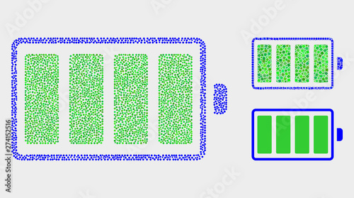 Pixel and mosaic electric battery icons. Vector icon of electric battery composed of random spheric items. Other pictogram is organized from elements.