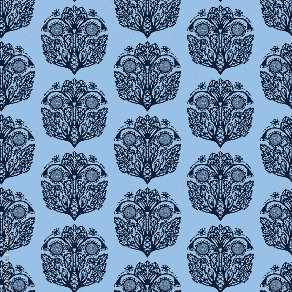 Indigo blue flower motif Japanese style. pattern. Hand drawn paisely drop dyed damask textiles. Decorative art nouveau home decor. Modernist trendy monochrome all over print. Seamless vector swatch