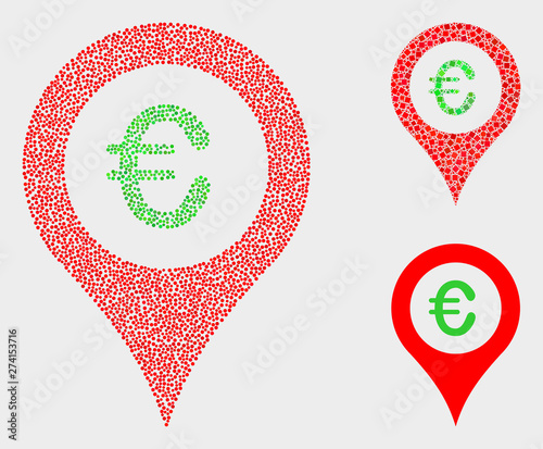 Dot and mosaic euro map marker icons. Vector icon of euro map marker designed of scattered spheric pixels. Other pictogram is designed from elements.