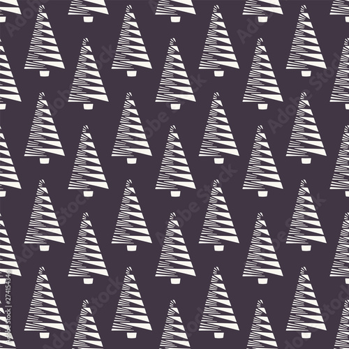 Hand drawn stylized Christmas tree pattern. Geometric abstract fir forest on brown background. Cute winter holiday all over print. Festive yule gift wrapping paper illustration. Seamless vector swatch