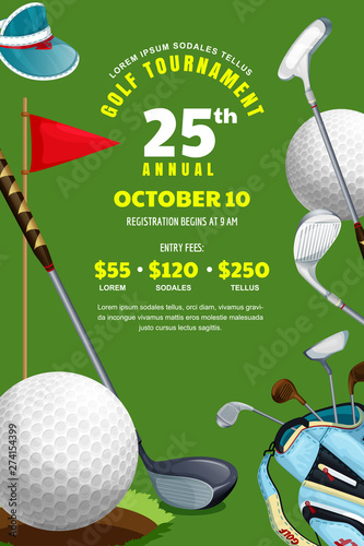 Golf tournament, poster, banner design template. Vector illustration. Ball, bag with golf clubs on green background.