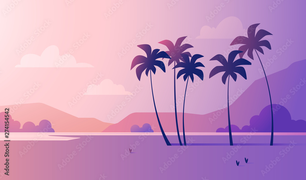 Summer landscape illustration with palms
