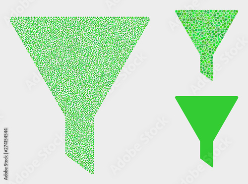 Pixelated and mosaic filter icons. Vector icon of filter organized of random round elements. Other pictogram is designed from elements.