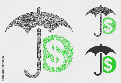 Dotted and mosaic financial umbrella icons. Vector icon of financial umbrella formed of randomized circle points. Other pictogram is formed from elements.