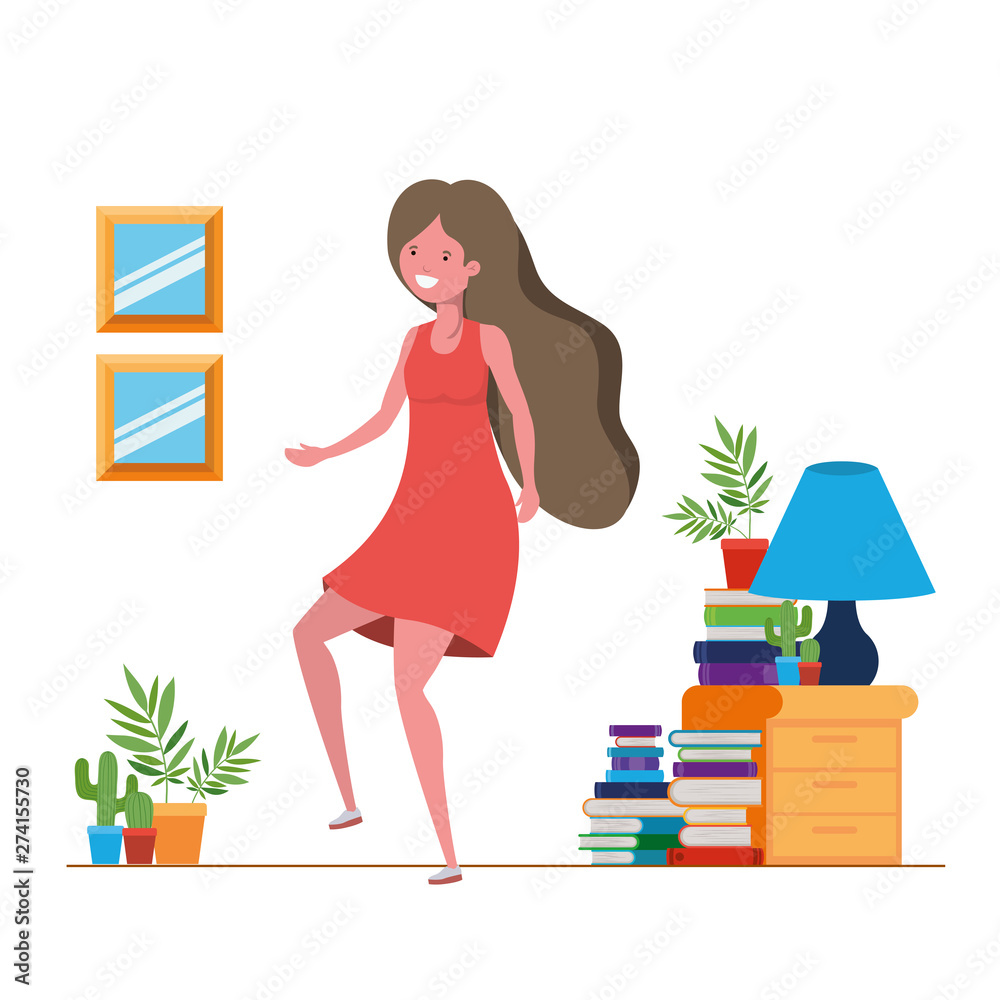 young woman dancing in living room character young woman dancing in living room character
