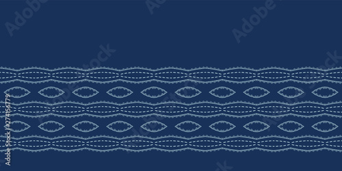 Indigo blue sashiko style japanese stripes embroidery border pattern. Hand drawn running stitch ribbon trim. Classic simple Japan decor washi tape. Asian kimono quilting template. Seamless vector 