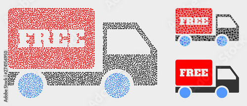 Pixelated and mosaic free delivery icons. Vector icon of free delivery combined of irregular round points. Other pictogram is combined from elements.