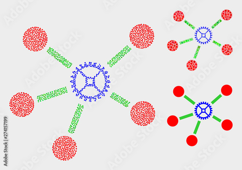 Pixel and mosaic gear links icons. Vector icon of gear links composed of scattered round dots. Other pictogram is created from dots.