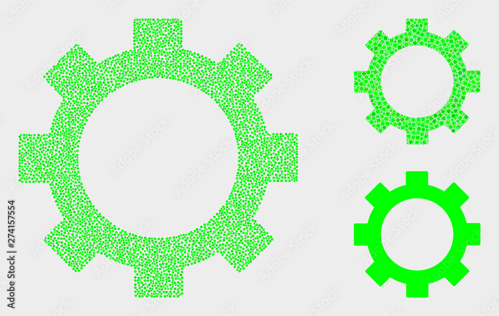 Dot and mosaic gear icons. Vector icon of gear organized of irregular round dots. Other pictogram is created from dots. Dot and mosaic gear icons. Vector icon of gear organized of irregular round dots. Other pictogram is created from dots.