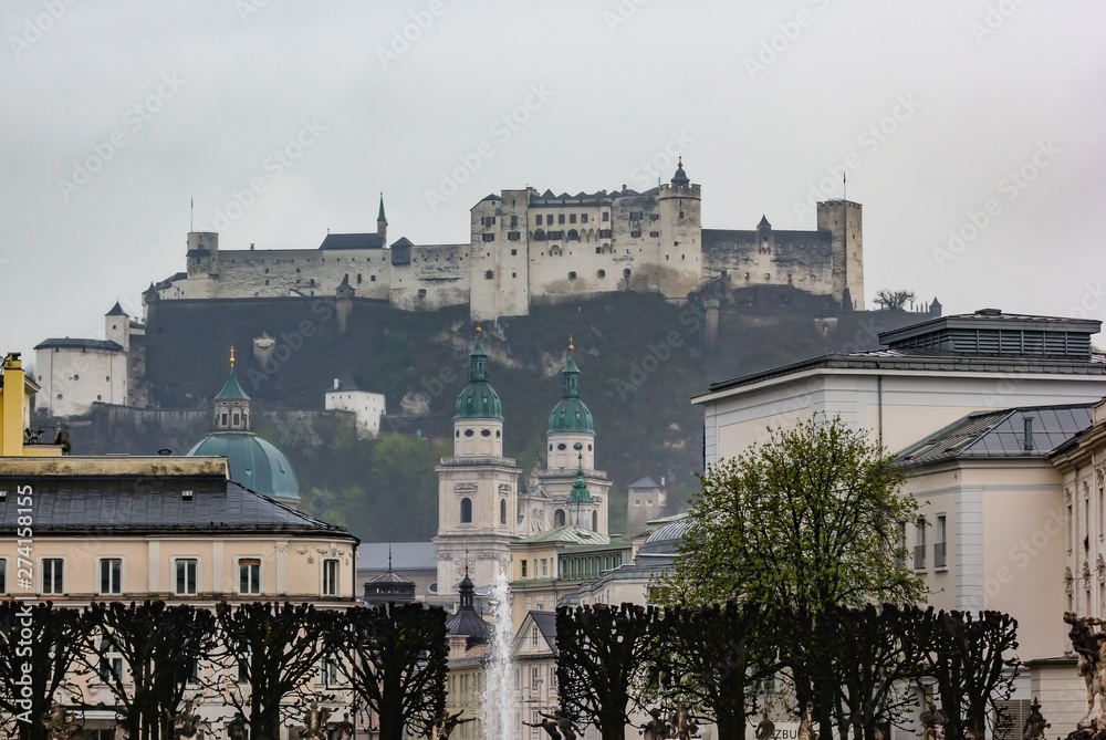 Beautiful scenic view on Salzburg skyline with Festung Hohensalzburg in the winter, Salzburg, Austria