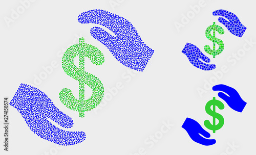 Dot and mosaic hands care dollar icons. Vector icon of hands care dollar designed of randomized circle dots. Other pictogram is created from elements.