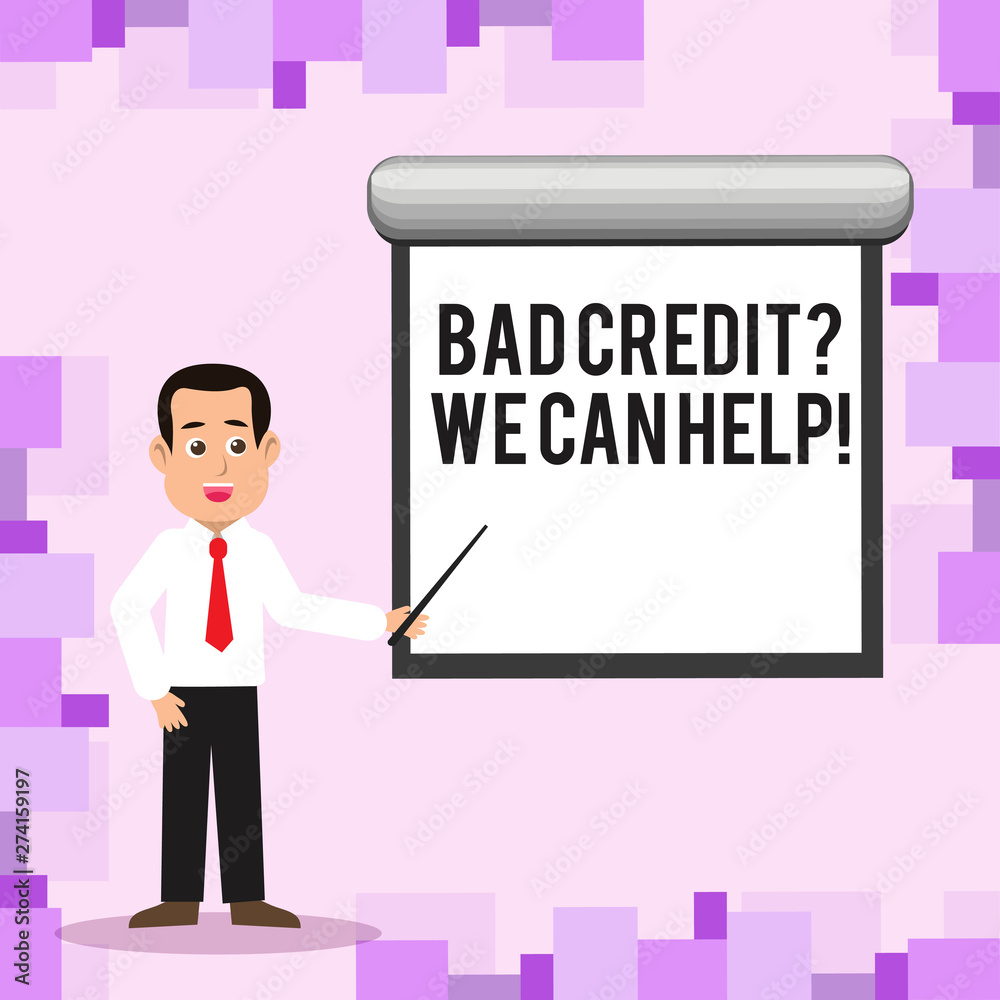 Writing note showing Bad Creditquestion We Can Help. Business concept for achieve good debt health Man in Necktie Holding Stick Pointing White Screen on Wall Writing note showing Bad Creditquestion We Can Help. Business concept for achieve good debt health Man in Necktie Holding Stick Pointing White Screen on Wall