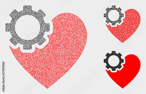 Pixelated and mosaic heart gear icons. Vector icon of heart gear constructed of randomized spheric elements. Other pictogram is formed from dots.