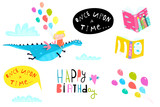 Kid Girl with Dragon and Balloons Birthday Graphic Elements