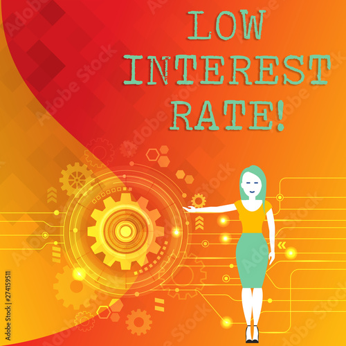 Word writing text Low Interest Rate. Business photo showcasing Manage money wisely pay lesser rates save higher Woman Standing and Presenting the SEO Process with Cog Wheel Gear inside