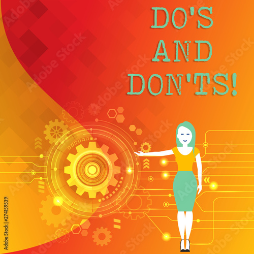 Word writing text Do S And Don Ts. Business photo showcasing What can be done and what cannot be knowing right wrong Woman Standing and Presenting the SEO Process with Cog Wheel Gear inside