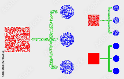 Dotted and mosaic hierarchy icons. Vector icon of hierarchy combined of scattered spheric dots. Other pictogram is organized from square dots.