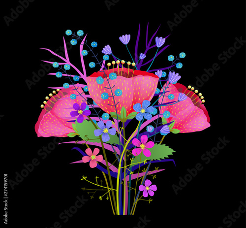 Wild vintage flowers bouquet flat vector illustration 