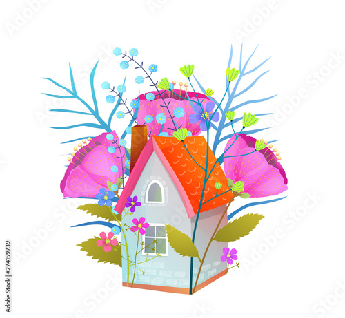 Floral tiny cottage house flat vector illustration. 