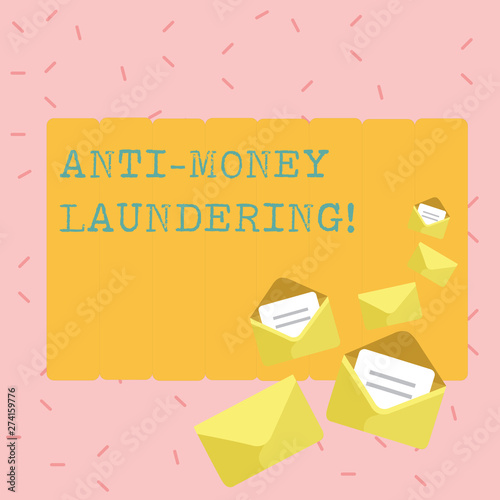 Text sign showing Anti Money Laundering. Business photo showcasing regulations stop generating income through illegal actions Closed and Open Envelopes with Letter Tucked In on Top of Color Stationery photo