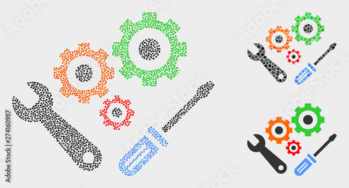 Pixelated and mosaic instrumental tools icons. Vector icon of instrumental tools combined of scattered spheric dots. Other pictogram is combined from elements.