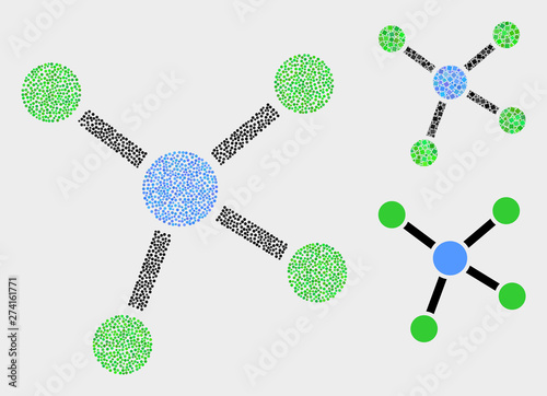 Pixelated and mosaic links icons. Vector icon of links organized of randomized circle dots. Other pictogram is designed from dots.