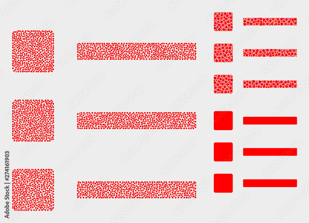 Dot and mosaic list items icons. Vector icon of list items formed of irregular round items. Other pictogram is formed from elements.