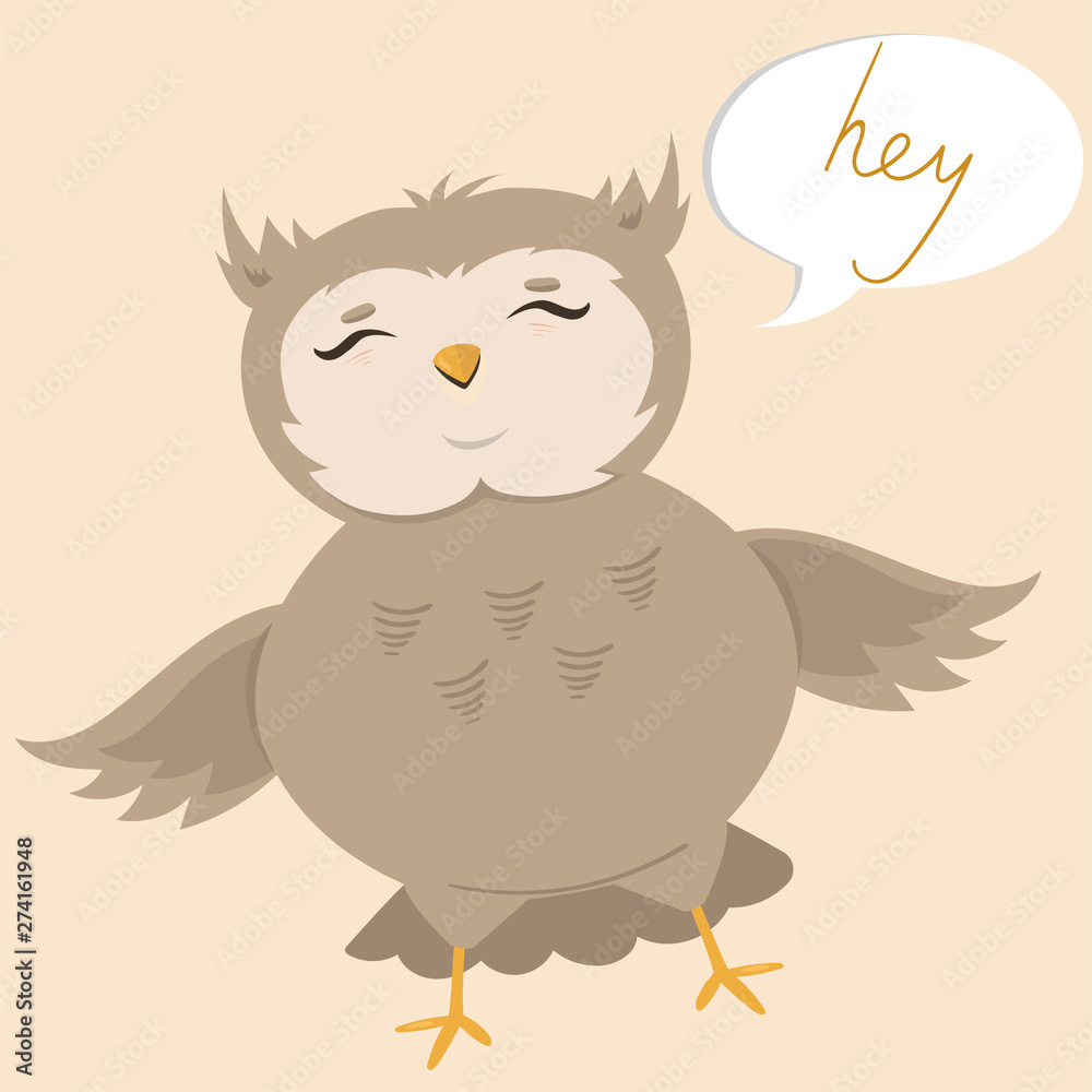 Obraz premium Postcard with a cute owl saying hey. Vector illustration.