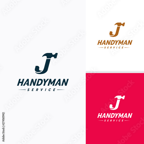 Handyman services Logo vector design, Letter J Hammer Logo photo