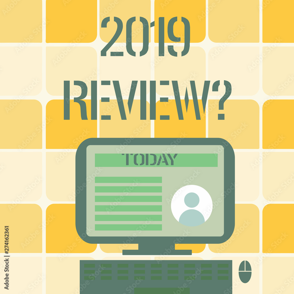 Conceptual hand writing showing 2019 Review Question. Concept meaning remembering past year events main actions or good shows Computer Mounted on Stand with Online Profile Data on Screen Conceptual hand writing showing 2019 Review Question. Concept meaning remembering past year events main actions or good shows Computer Mounted on Stand with Online Profile Data on Screen