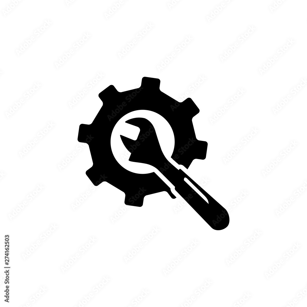 Service Tools Icon In Flat Style For App, UI, Websites. Gear Wheel & Hammer Vector Black Icon Service Tools Icon In Flat Style For App, UI, Websites. Gear Wheel & Hammer Vector Black Icon