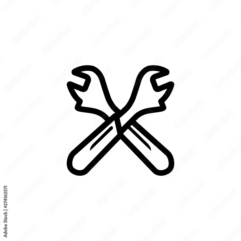 Wrench Crossed Line Icon In Flat Style For App, UI, Websites. Black Spanner Icon Vector Illustration Wrench Crossed Line Icon In Flat Style For App, UI, Websites. Black Spanner Icon Vector Illustration