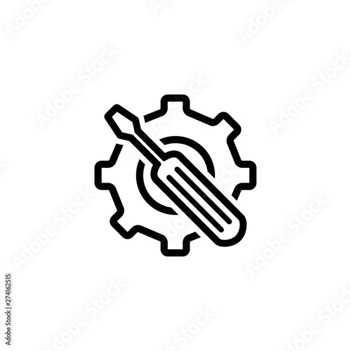 Service Tools Line Icon In Flat Style For App, UI, Websites. Gear Wheel & Hammer Vector Black Icon