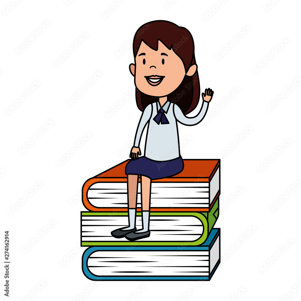 happy student girl seated in pile text books happy student girl seated in pile text books