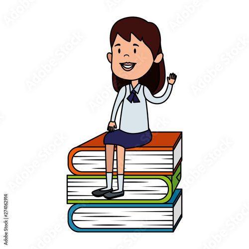 happy student girl seated in pile text books